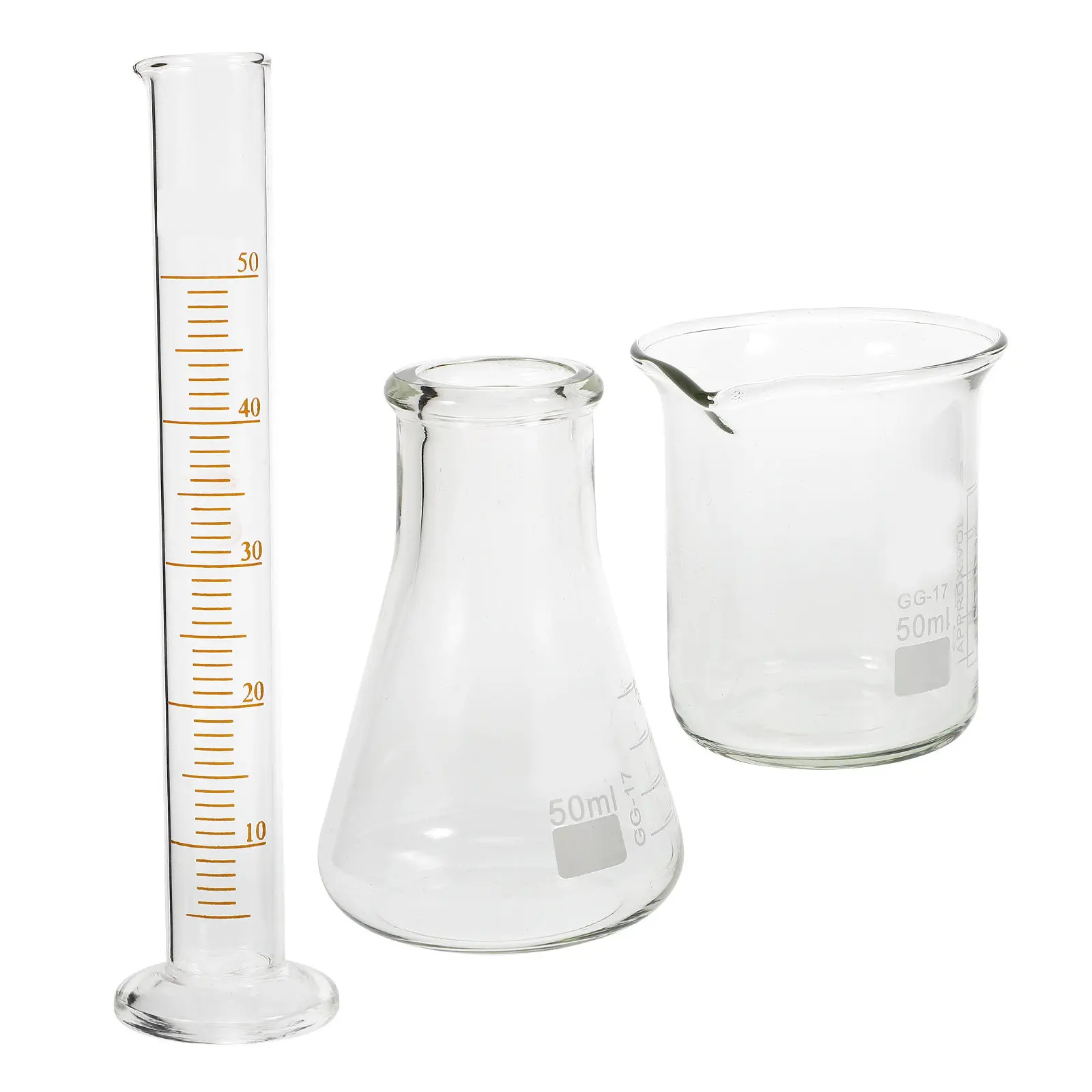 Scientific Lab Glassware Kit: Beaker, Measuring Cylinder & Conical Flask with Graduated Markings, Easy-Clean