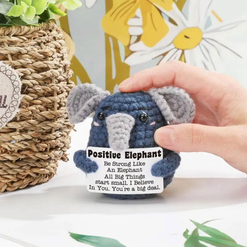 Positive Crochet Elephant Doll Hand-crocheted Energy Emotional Support Elephant With Positive Card Tabletop Ornaments