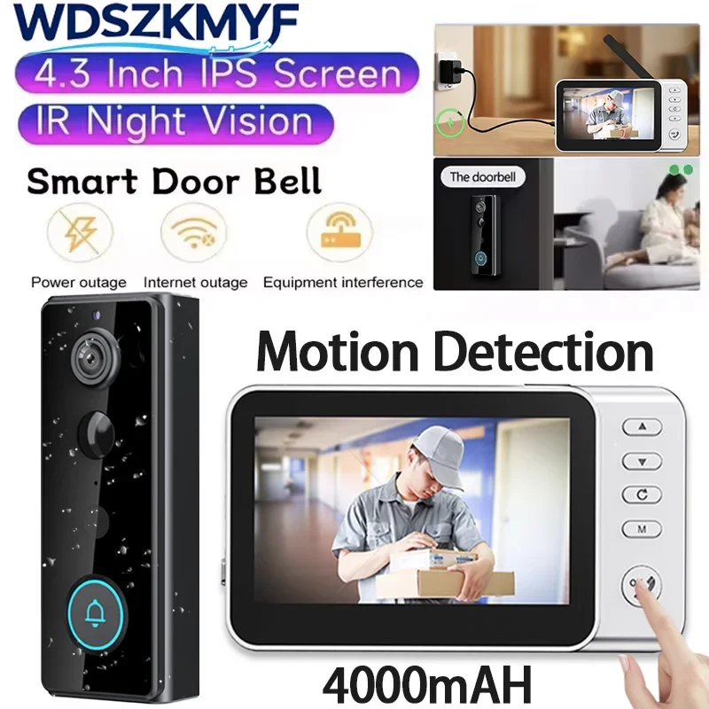 Waterproof Wireless Two-way Intercom Doorbell 4.3in IPS Screen Doorbell Camera PIR motion sensor 1080P Smart Home Security Video
