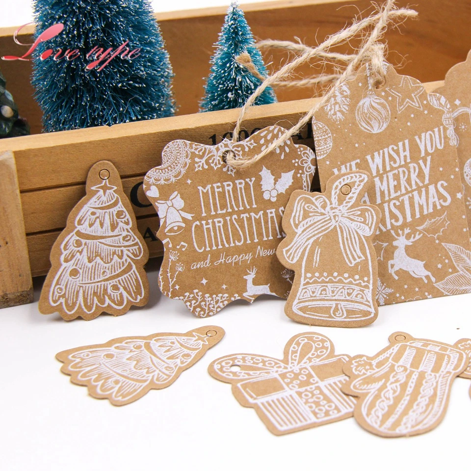 50PCS Merry Christmas Kraft Paper Tags Xmas Tree Handmade/Thank You Hanging Tag With Rope Labels Gift Wrapping Wedding Supplies