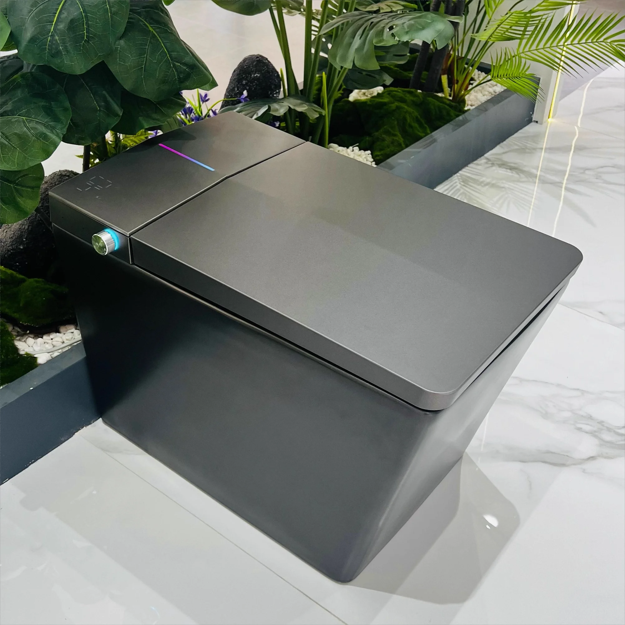 

Floor Mounted Ceramic Toilet Shape Remote Control Night Light Seat Heating Matte Black Modern Smart Toilet