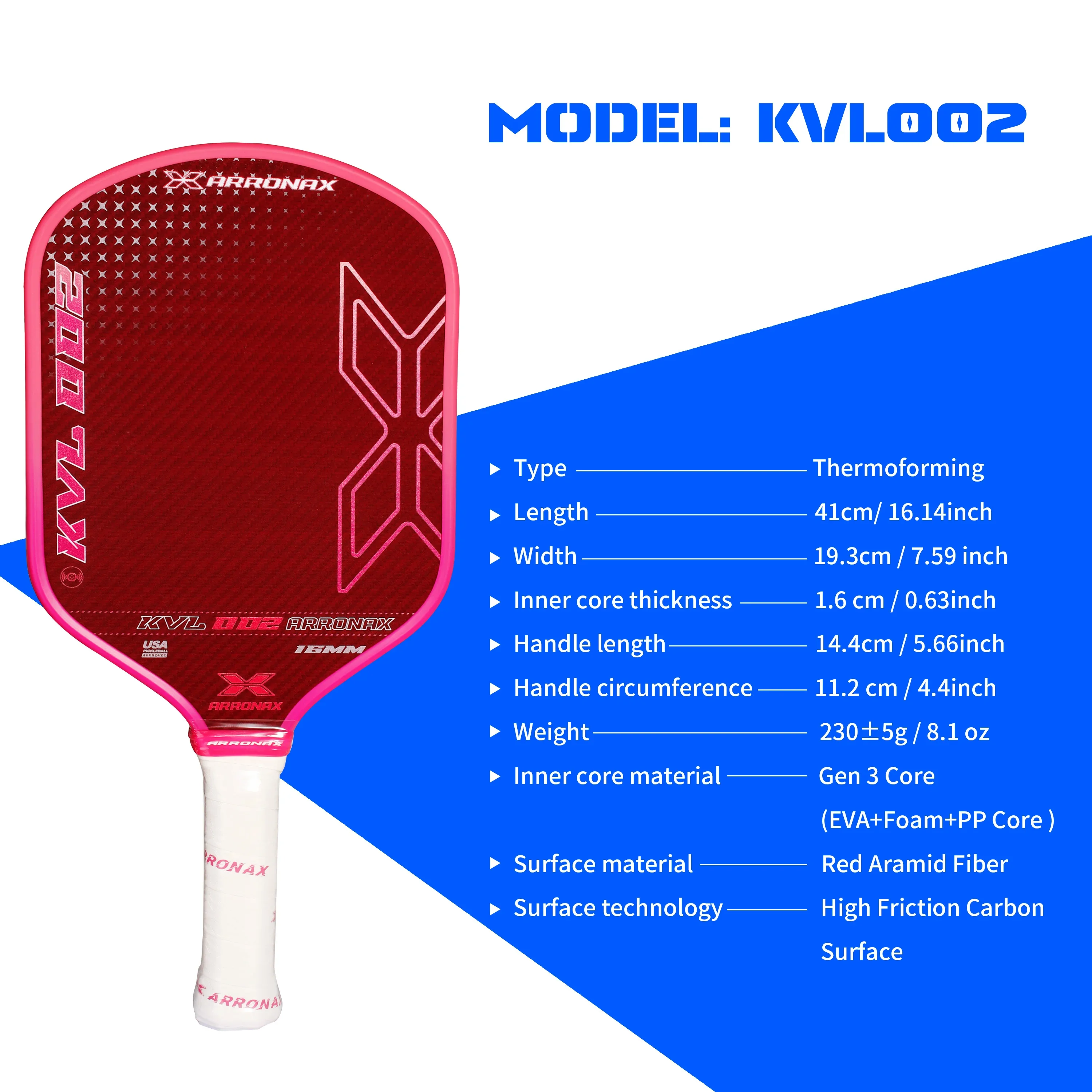 16MM Pickleball Paddle Red Aramid Fiber Surface PP Gen 3 Core USAPA Compliant Enhanced Power Sweet Spot Anti-slip Hand Grip