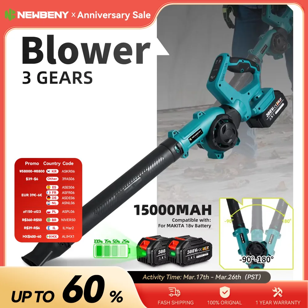 NEWBENY Electric Blower 270° Rotation Adjustment 3 Gears Cordless Leaf Vacuum Dust Snow Cleannig Tools For Makita 18V Battery