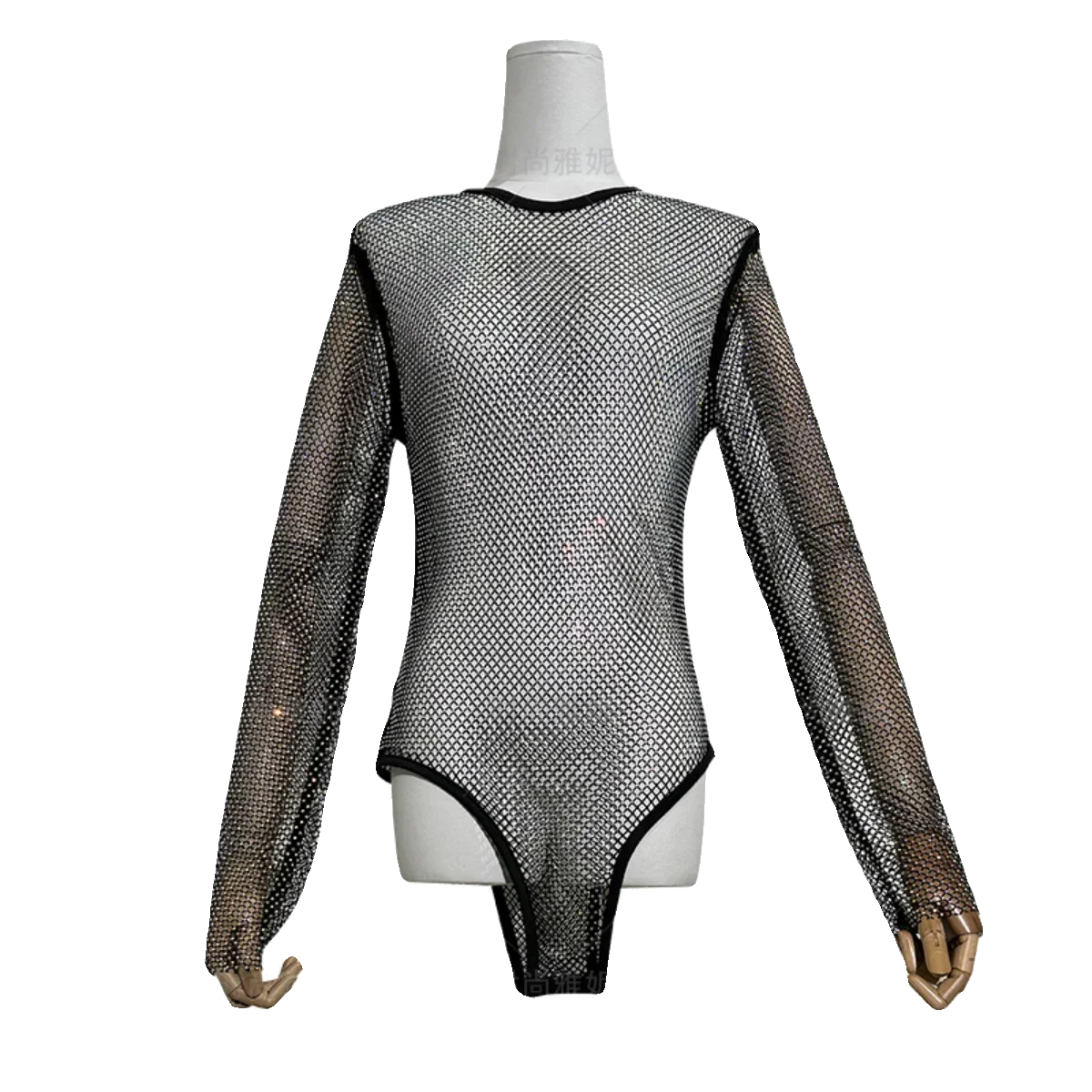 Moda sexy desempenho roupas malha oco macacão em torno do pescoço perspectiva manga longa camisa de fundo brilhante para mulher