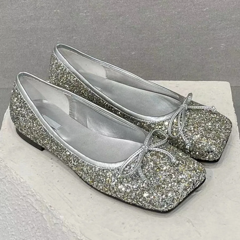 

New Designer Brand Shoes Silver sequins Butterfly Bow Flat Single Shoes Gentle Fairy Style Square Head Ballet Shoes