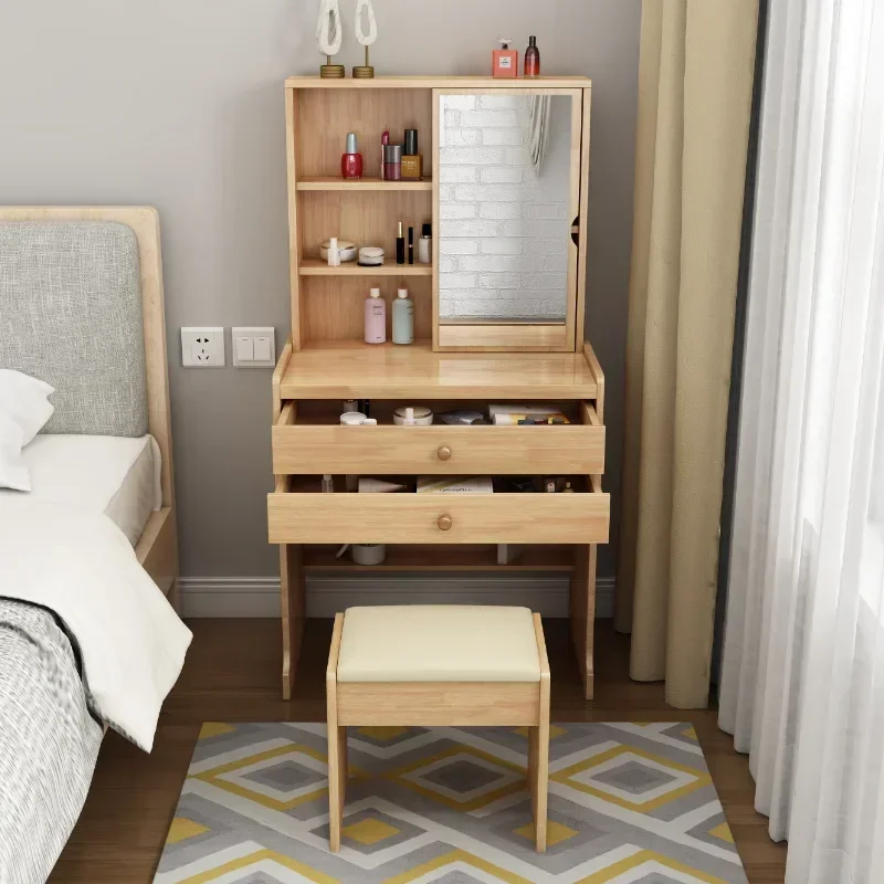 Nordic Solid Wood Dressing Table Girls Make Up Vintage Table Bedroom Stool Modern Simple Minimalist Storage Integrated Cabinet