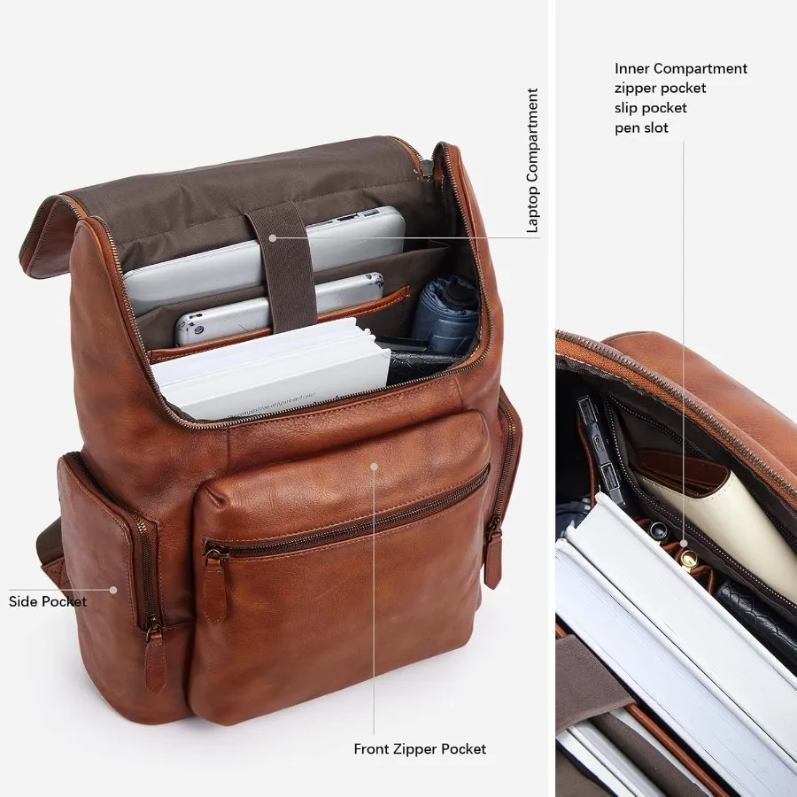 حقيبة ظهر جلدية من BOSTANTEN للرجال مقاس 15.6 بوصة حقيبة ظهر للكمبيوتر المحمول حقيبة مكتب للسفر ذات سعة كبيرة حقيبة كتف باللون الأحمر والبني #3