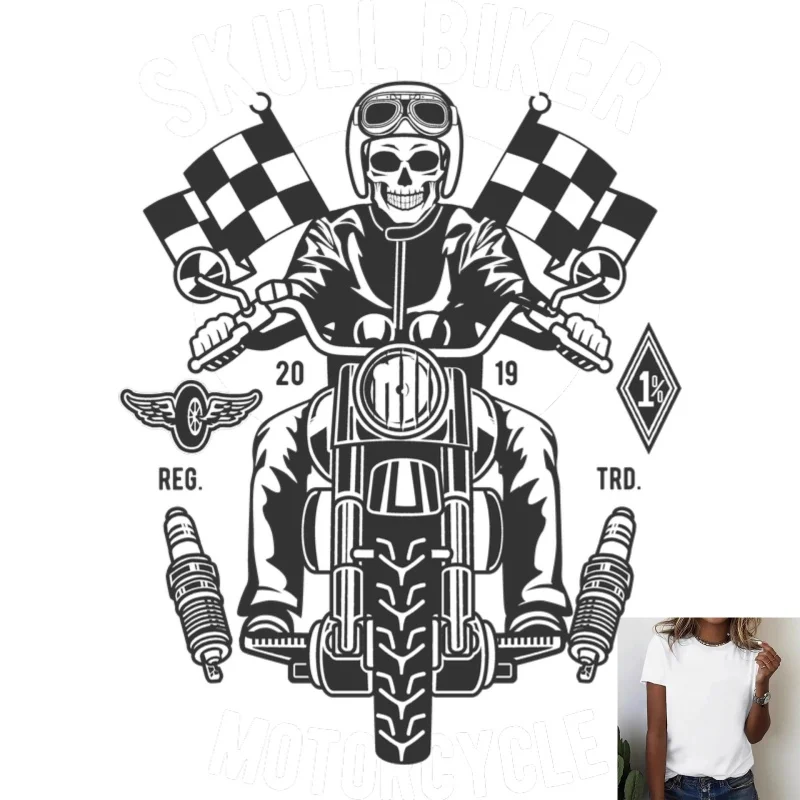 Cool Skull Biker Heat Transfer White Ink Iron - on Patch, Stylish Street - style Pattern, Suitable for T - shirts/Canvas Bags,