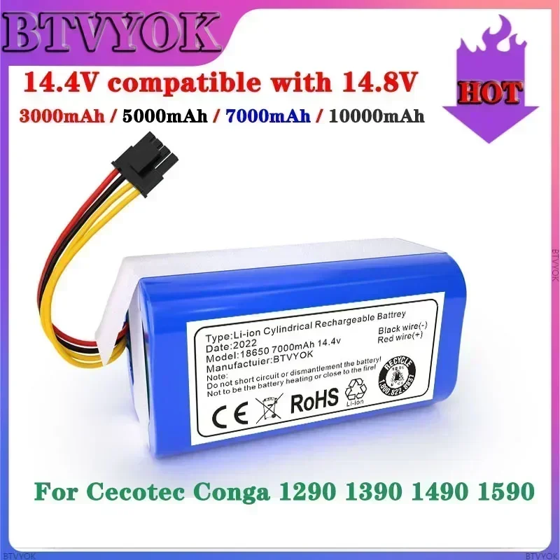 

3000~13000mAh 14.4v Lithium-ion Battery for Cecotec Conga 1290 1390 1490 1590 Replacement Robot Vacuum Cleaner Battery