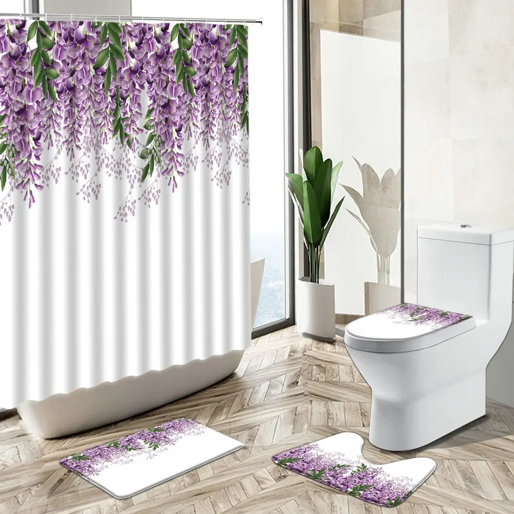 Purple Flower Rattan Plant Scenery Shower Curtain Spring Floral Non-Slip Rug Toilet Cover Bath Mat Home Girl Bathroom Decor Set