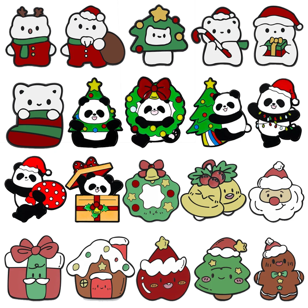 Cute Christmas Panda Enamel Brooch Christmas Hat Gift Socks Elk Snowman Metal Badge Children's Party Accessories Jewelry Gifts