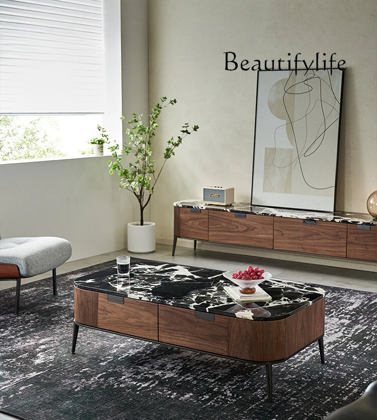 

Italian minimalist natural marble long coffee table, modern light luxury high-end new long coffee table