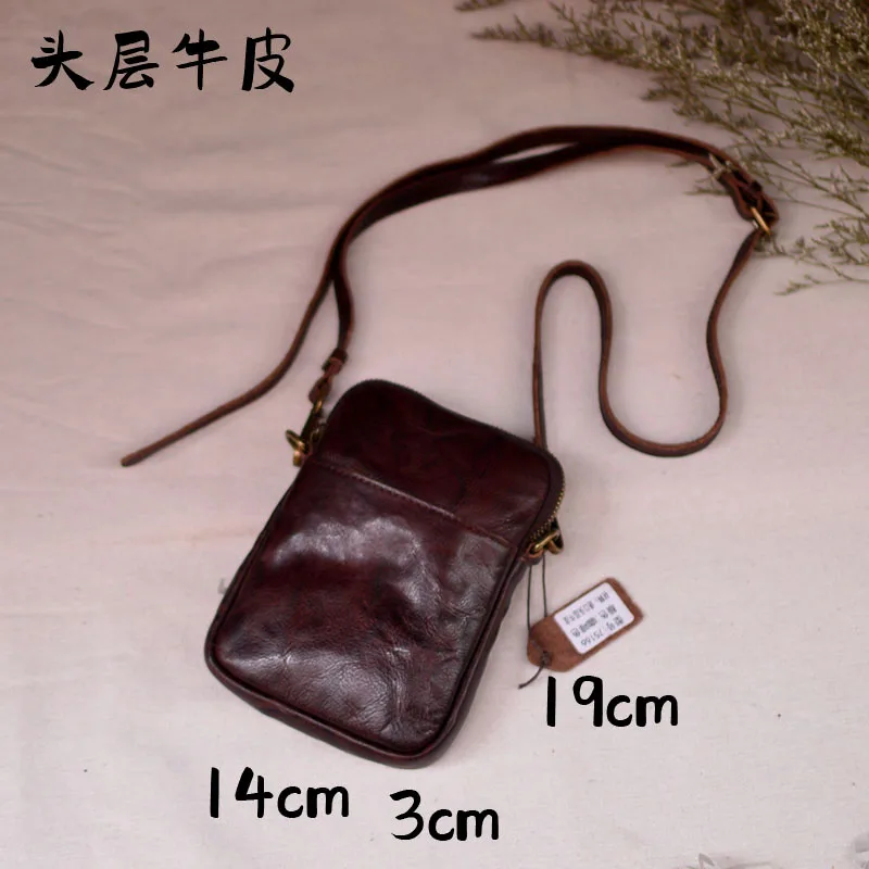 AETOO   Retro mini phone bag Casual leather crossbody bag vertical male baothead layer soft cowhide shoulder bag youth fold