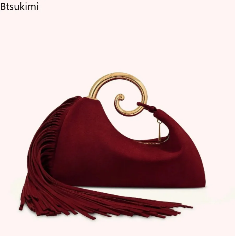 Long Fringe Evening Clutch Bags Fashion Crescent Shaped Women Elegant Tassel Handbags Purses Unique Metal Swirl Handle Tote Bags