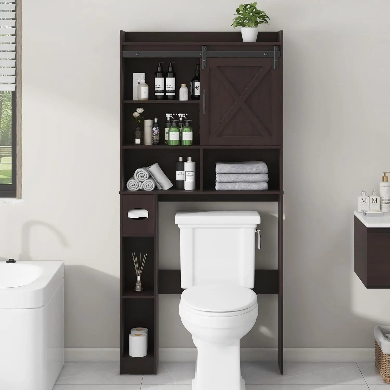 

Over The Toilet Storage Cabinet, Farmhouse Storage Cabinet Over Toilet with Sliding Barn Door & Toilet Paper Holder Stand