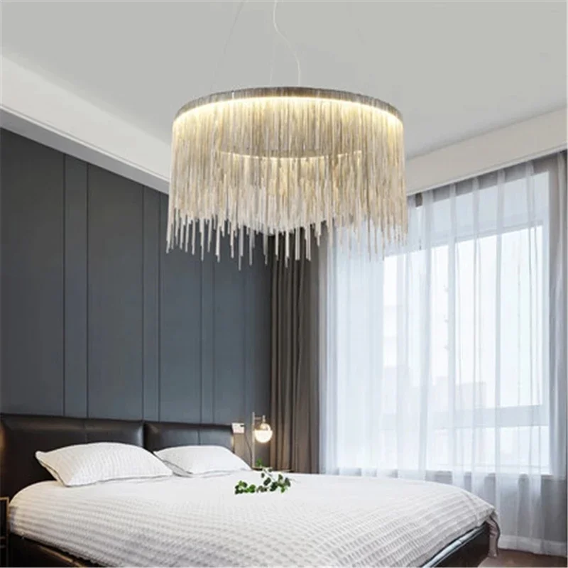 Modern Ceiling Chandelier Gold Chains Remote Tassel Aluminum Chain Led Pendant Light Kitchen Living Room Decoration Hanging Lamp