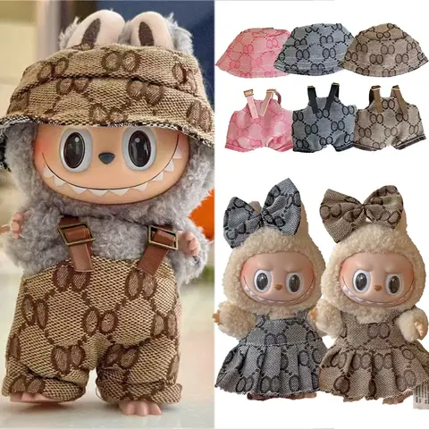 15 17 cm Per Labubu Vestiti per le bambole Gonna di moda Cappello da pescatore Scarpe Borsa a tracolla Ropa Set di abbigliamento Seduta Accessori regalo per feste