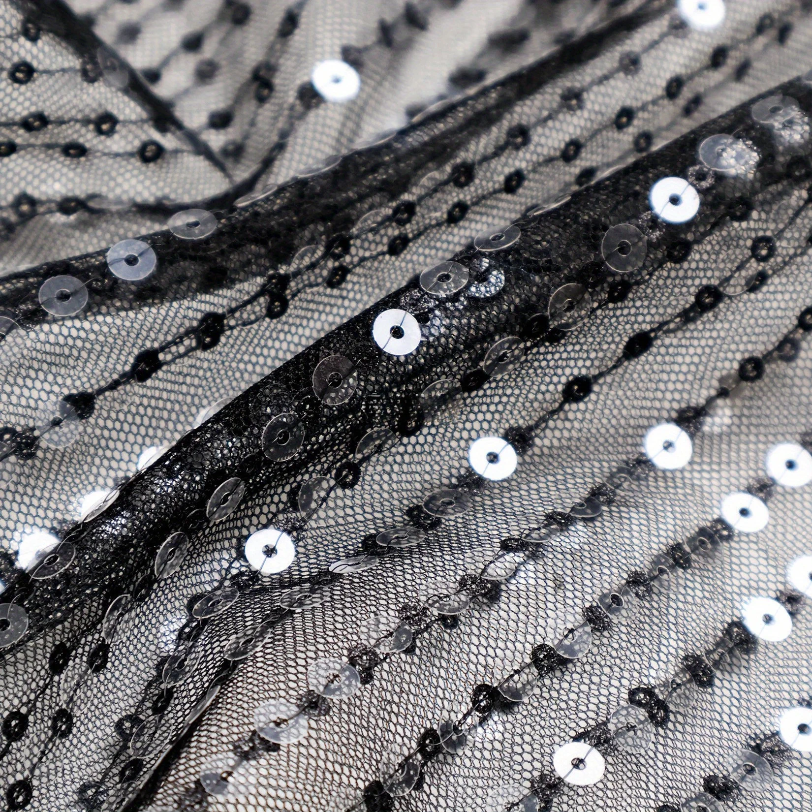2 Yards Black Skin Tone Transparent Mesh Sequin Horizontal Stripe Embroidery Fashion Fabric for Skirt DIY Handmade Fabric
