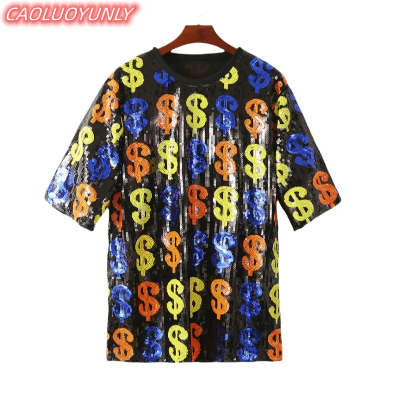 

Summer High Quality Streetwear Sequins Geometric Contrasting Color Short Sleeve Hip Hop Round Neck Straight Loose Women' Wears