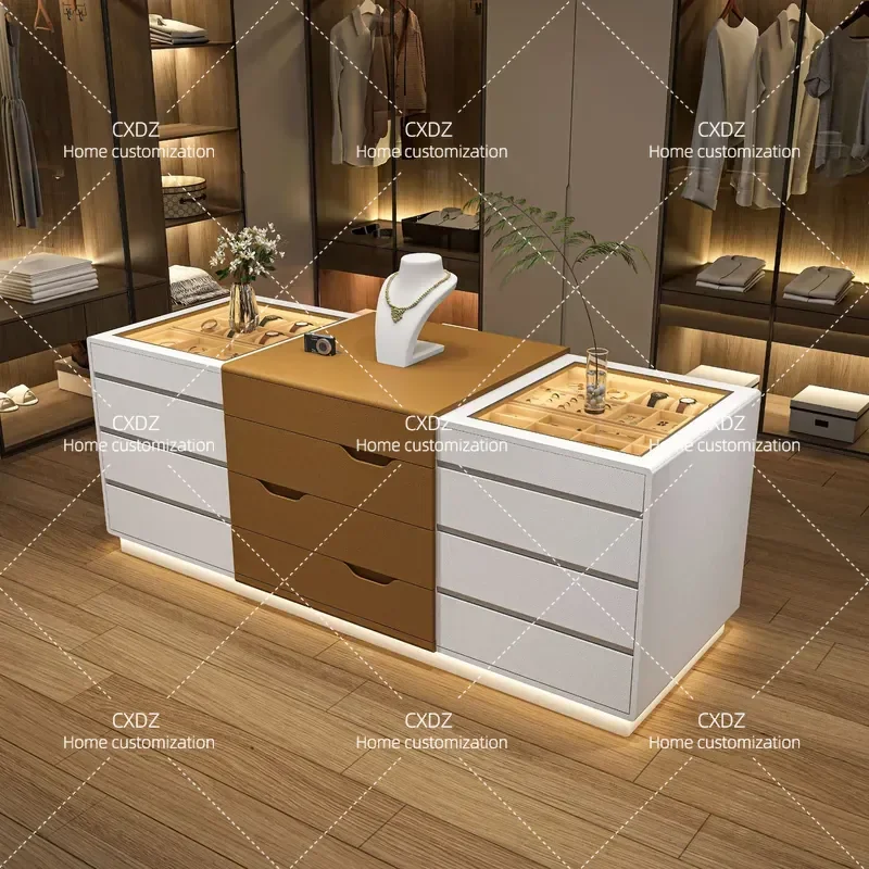 Floor to Ceiling Jewelry Cabinet Household Multi Functional Locker Artificial Leather Middle Island Solid Wood Storage