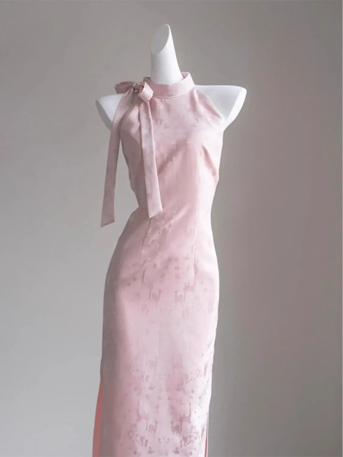 

Розовое улучшенное платье Cheongsam с принтом для женщин, лето 202, молодежный стиль, повседневное платье Ципао для девочек на талии, элегантное платье средней длины