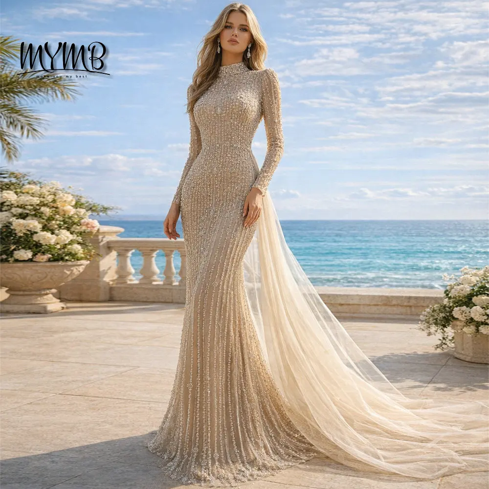 

MYMB Nude Elegant Long Sleeves Muslim Formal Occasion Dresses with Side Train Gorgerous Beaded Mermaid High Neck Evening Gowns