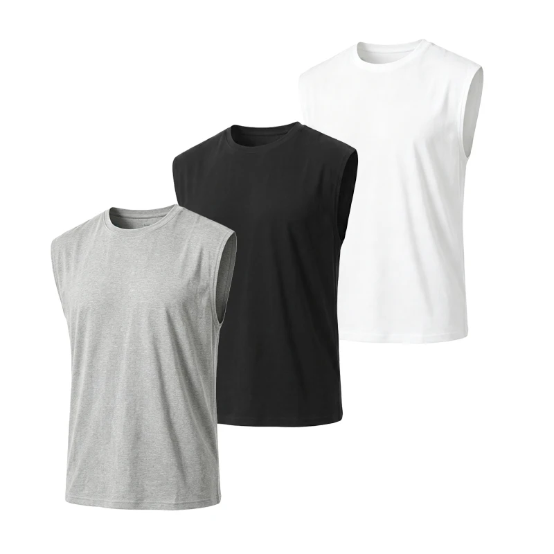 3 Pack Men Cotton Wide Shoulder Tank Tops Lightweight Soft Breathable Sleeveless Undershirts Casual Base Layer Gym Workout Athle