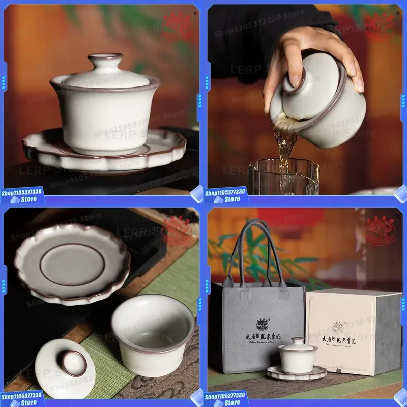 Handmade Longquan Celadon Sancai Cover Bowl Large Ceramic Kung Fu Tea Cup High End Lard Glaze Hand Held Teaware for Gift