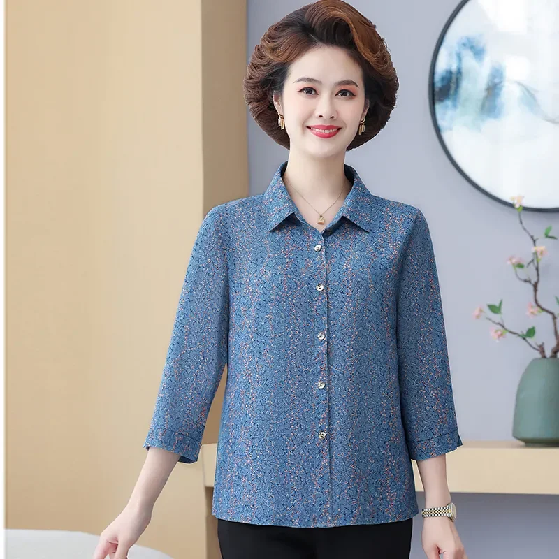 

Women Floral Print 3/4 Sleeve Blouse Casual Middle Aged Summer Shirt