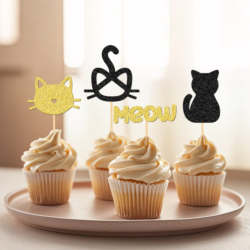 NUBECOM 24 Stück Cupcake-Topper für Katzen, glitzernde Cupcake-Picks für Katzen, Kuchendeckel für Kätzchen, Haustier, Katzen, Geburtstagskuchen-Dekoration – Detail 9