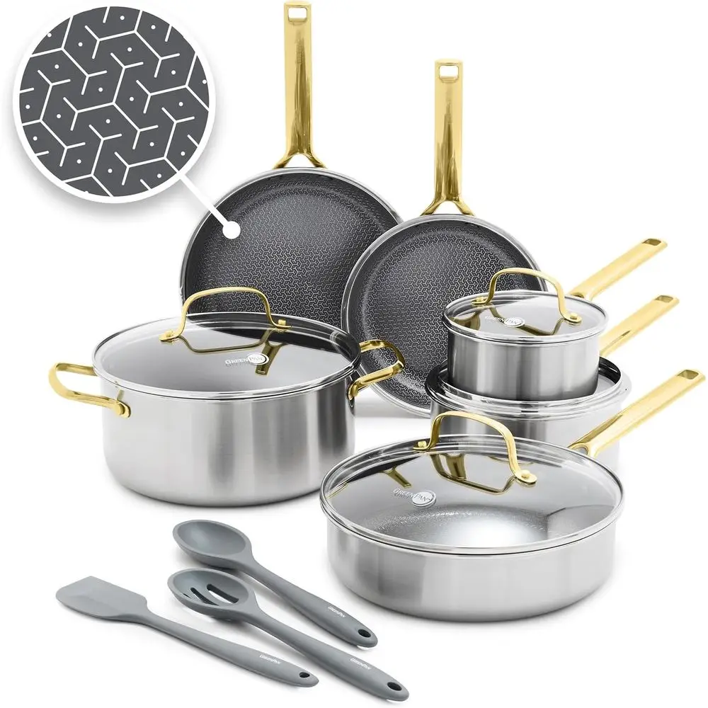 

13-Piece Gold Nonstick Stainlok Cookware Set, APEX Tri-Ply Thermobond, Compatible with Induction and All Cooktops, Oven-Safe to