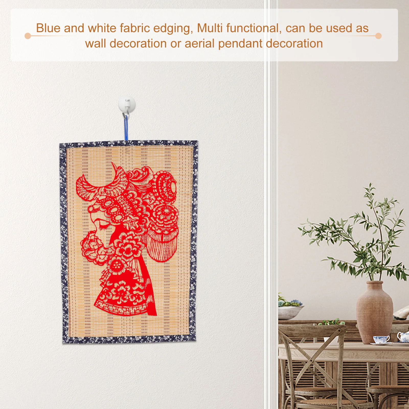 

Handcrafted Bamboo Mat Wall Hanging Decor Blue Floral Fabric Edging Unique Versatile Sushi Rolling Mat Oriental Asian Decor Feng