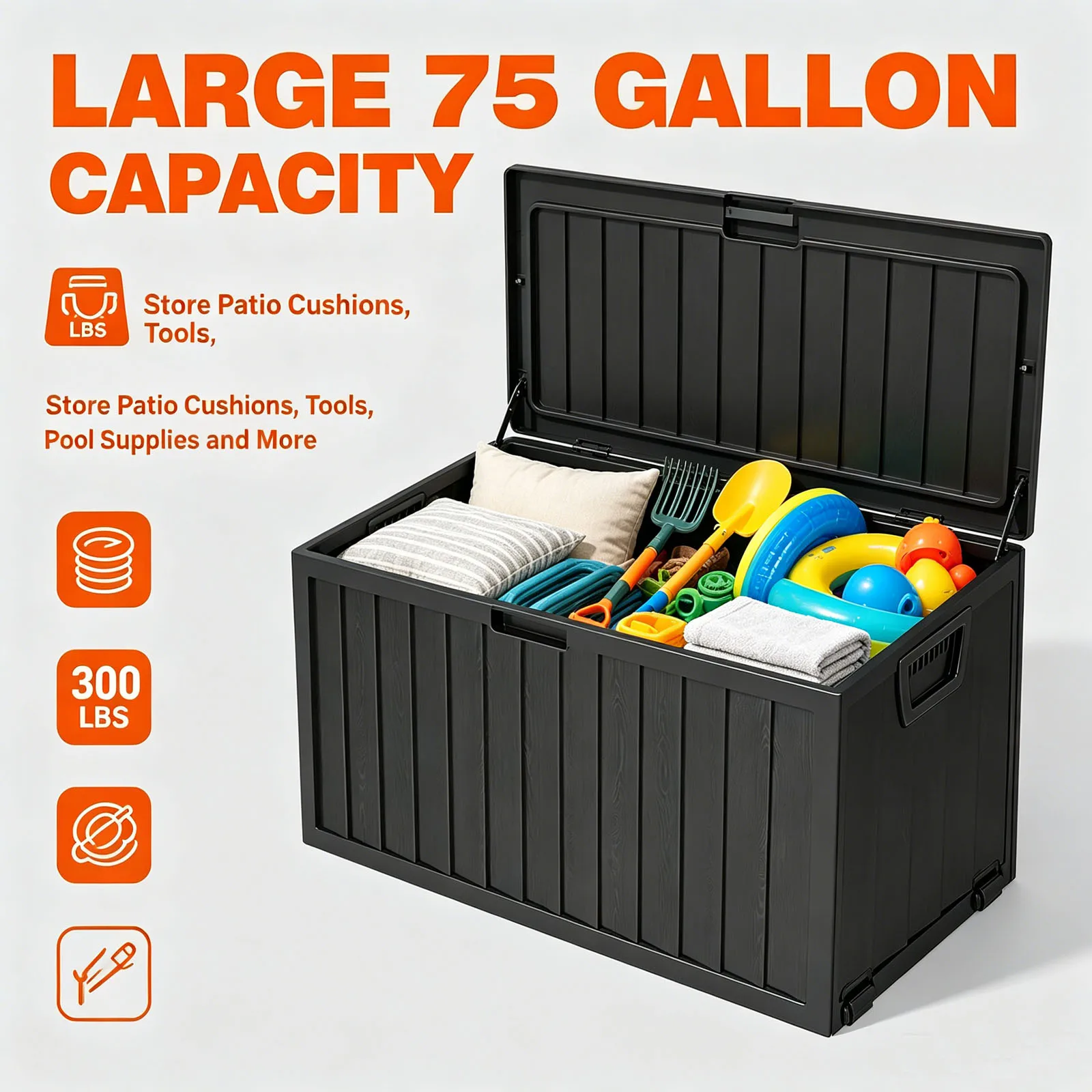 75 Gallon Outdoor Resin Deck Storage Box, 300 LBS Weight Capacity Waterproof Wood Grain Patio Storage Bench with Lockable Lid & Side Handles, Weather UV Resistant Storage Chest for Garden Tools, Patio Cushions, Pool Supplies, Backyard Balcony Garage Indoo