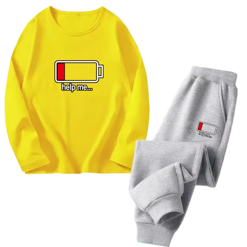 Boys Spring Autumn SportsOutfits Low Battery Help Kids Funny Long Sleeve T-shirt Top + Sweatpants 2pcs Clothes Teens Tracksuits