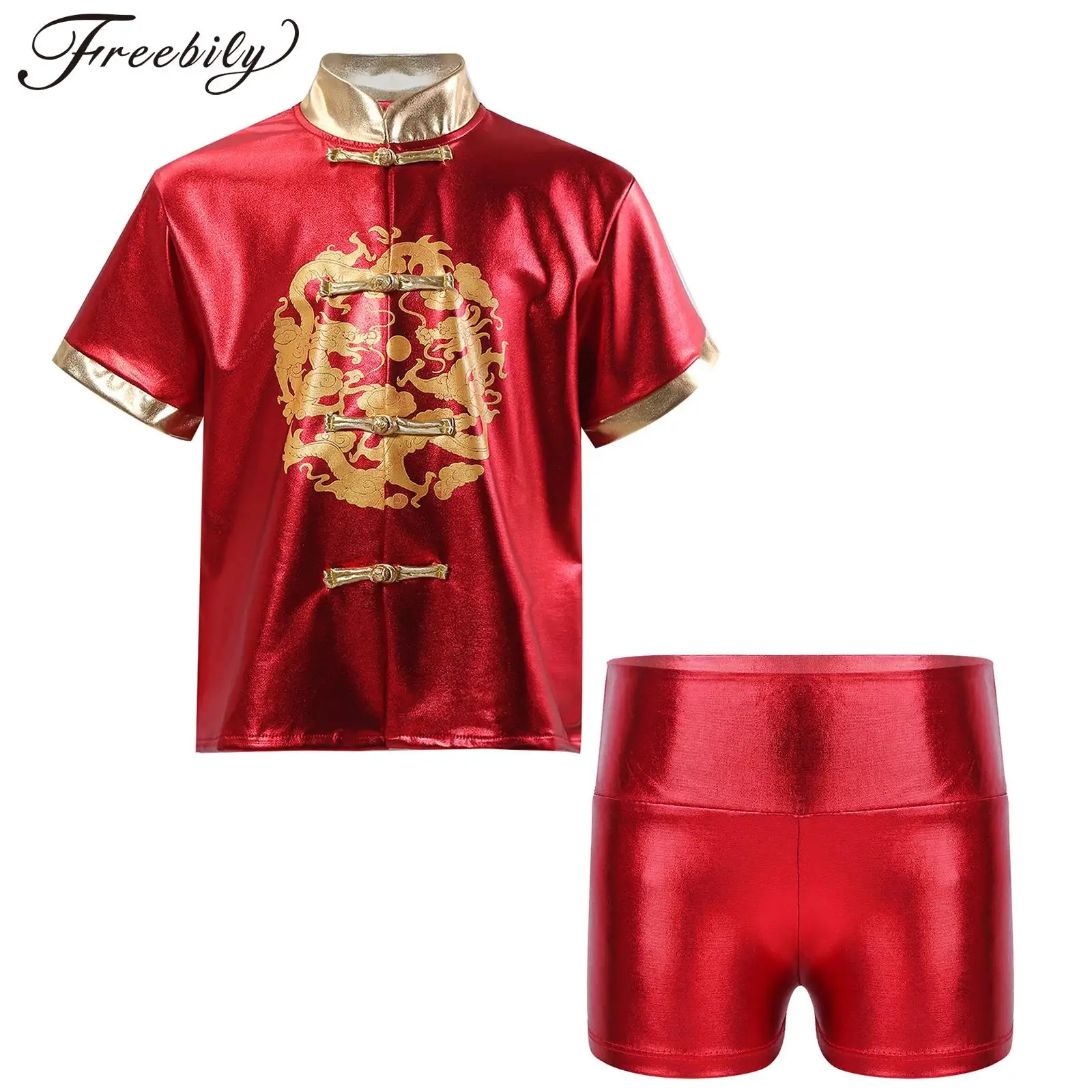 

Traditional Chinese Costume Kids Boy Girls Kung Fu Clothing Dragon Printed Metallic Tops with Shorts Children New Year Tang Suit