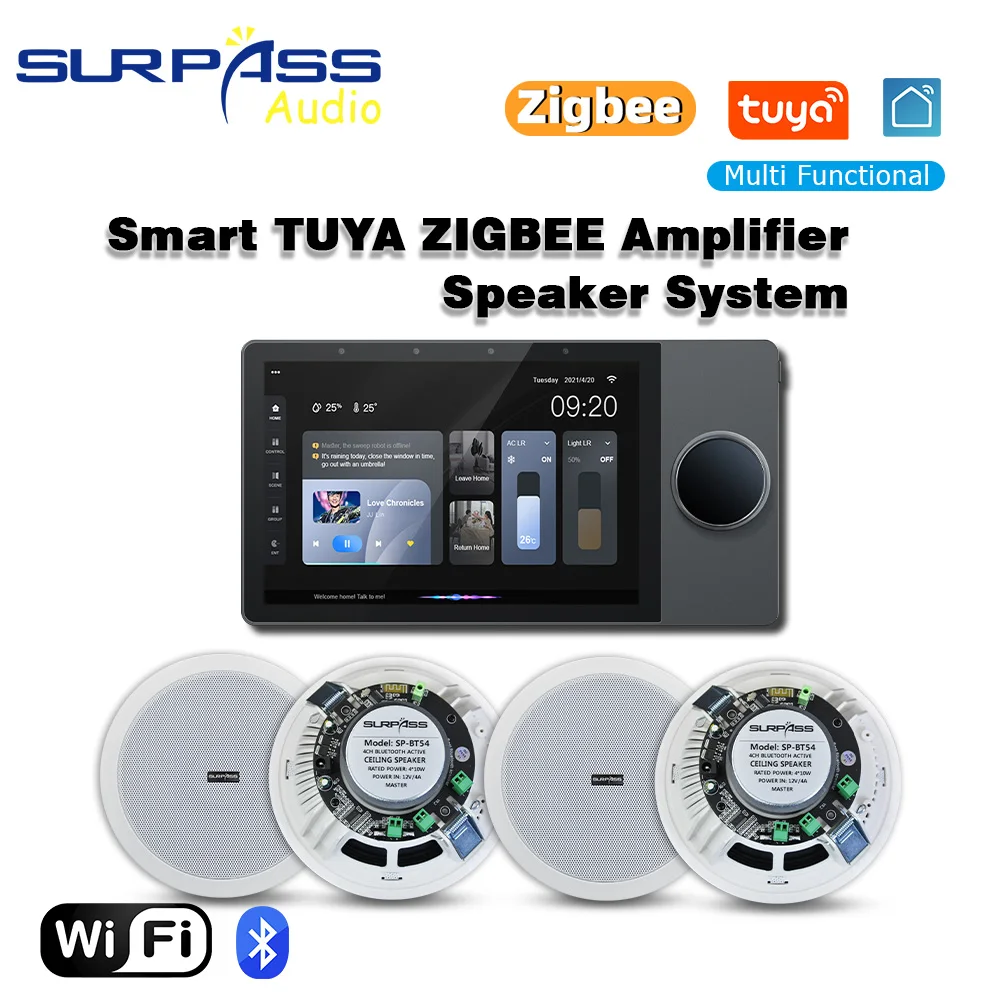 Smart Android 8.1 System Tuya Zigbee Wall Amplifier 8'' Wifi Bluetooth Music Panel with RS485 Port for Bluetooth Ceiling Speaker
