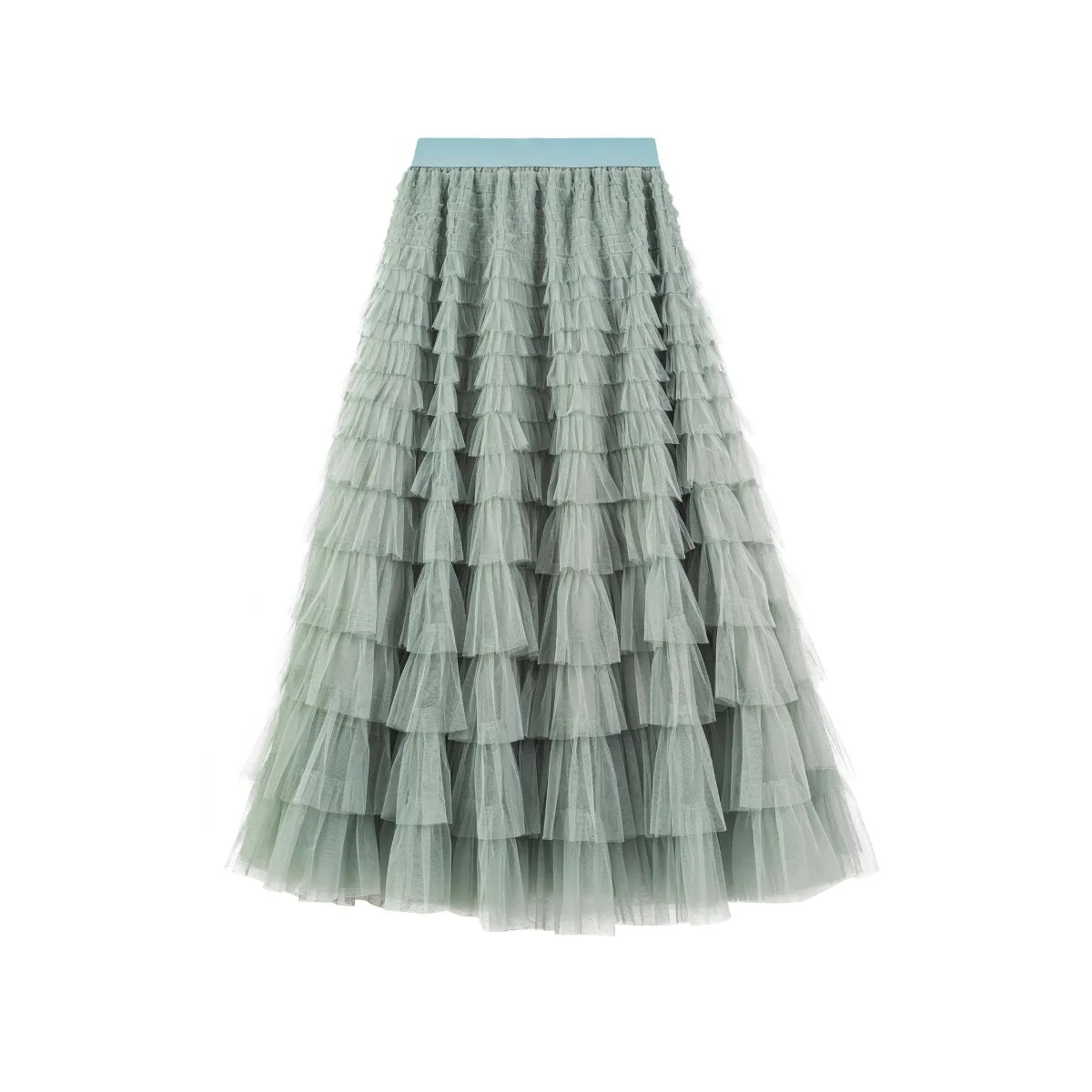 

Элегантная однотонная женская длинная юбка с высокой талией, сетчатыми вставками и пышным подолом, осенняя модная юбка-тортик из полиэстера свободного кроя