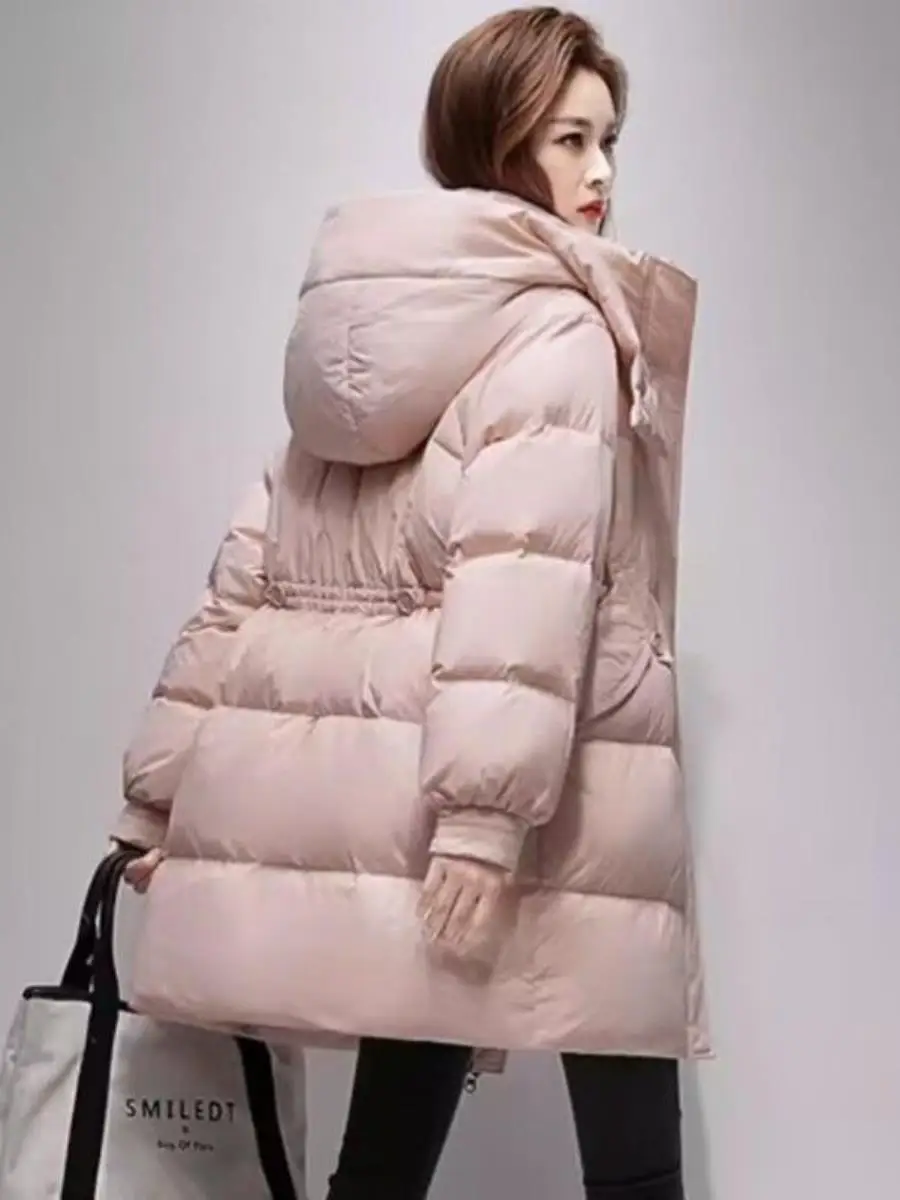 Women's Mid-Length down Jaet Du Feather Thiened Warm Coat Loose Fit Waist-Cinching Hooded Winter Outerwear