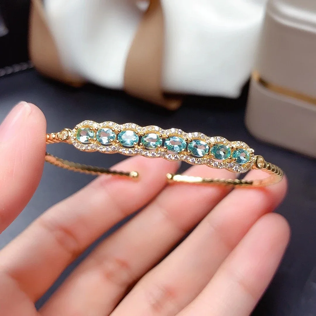 Real Natural Apatite Gemstone Bracelet 925 Sterling Silver Bangle for Women Fine Wedding Jewelry