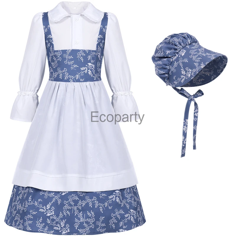 Kids Medieval Renaissance Civilian Costume Vintage European Colonization Civilian Dresses For Girls Children Blue Maid Outfits