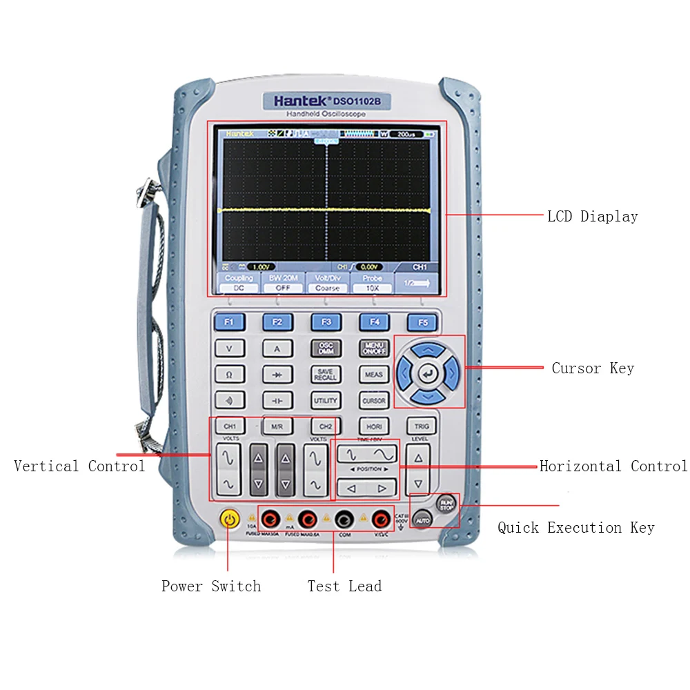 Hantek DSO1202S 200MHz Digital Storage Handheld Oscilloscope 2 Channel Portable Oscilloscope Ground Isolation 1GSa/s 8bit