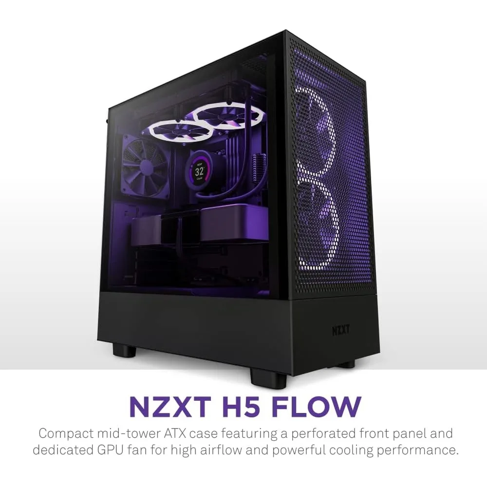 H5 Flow Compact ATX Mid-Tower PC Gaming Case – High Airflow Perforated Tempered Glass Front/Side Panel – Cable Management