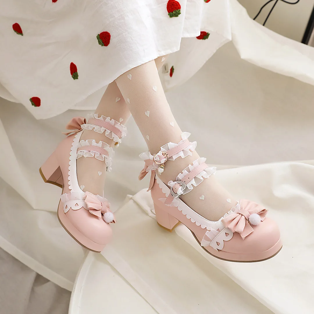 Girls High Heels Sweet Lolita Ruffles Bowknot Lace Bridal Wedding Shoes Women High Heels Princess Dress Shoes Plus Size 30-48