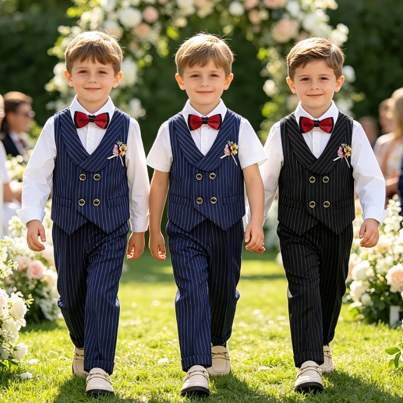Boys Navy Pinstripe Double Breasted Lapel Vest Suit Shirt Trousers Floral Brooch Bow Kids Wedding Piano Birthday Costume 3-12Y