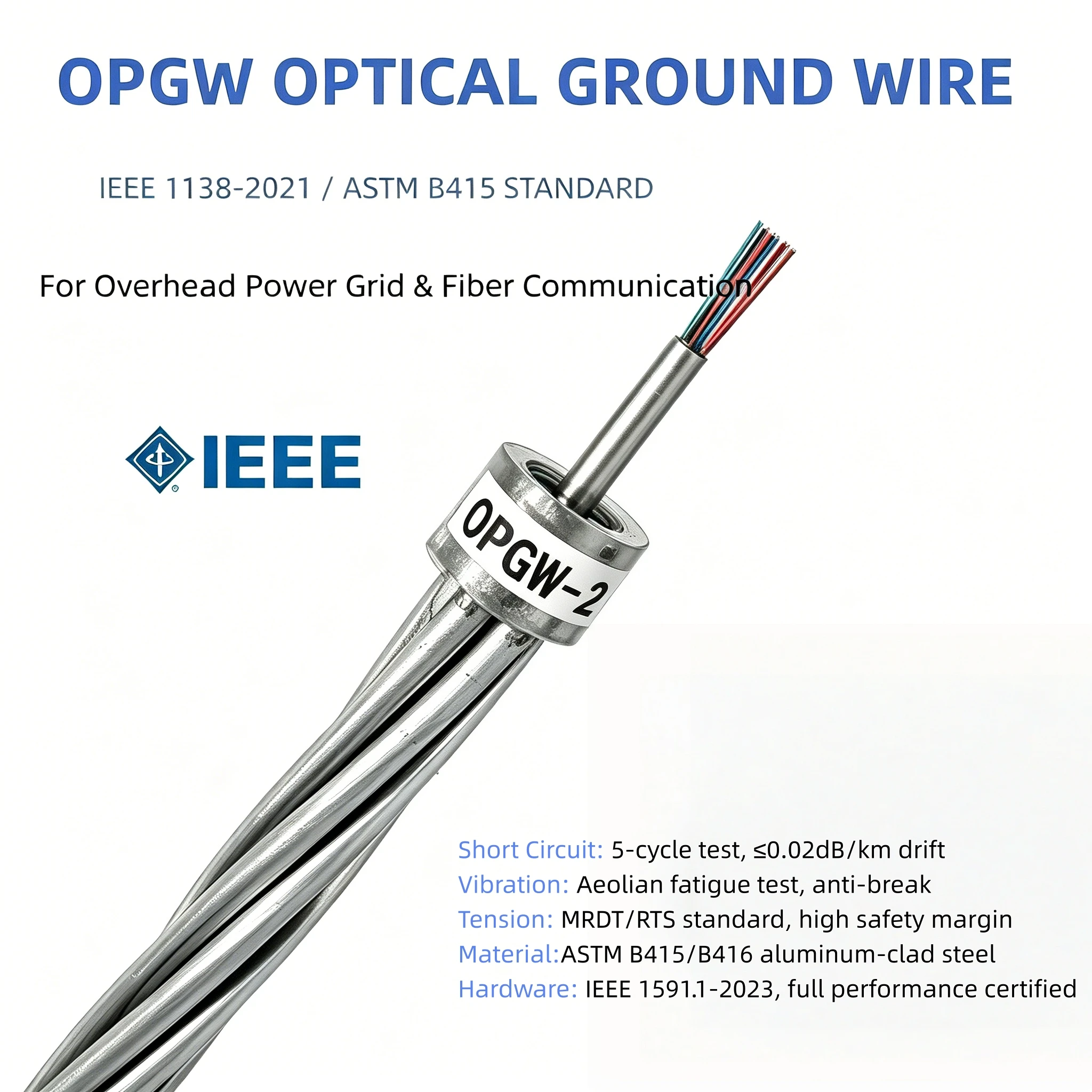 Wolf OPGW-24B1 24-Core Aluminum-Clad Steel Wire 35kV Rated High Voltage Aerial Fiber Optic Cable 90mm