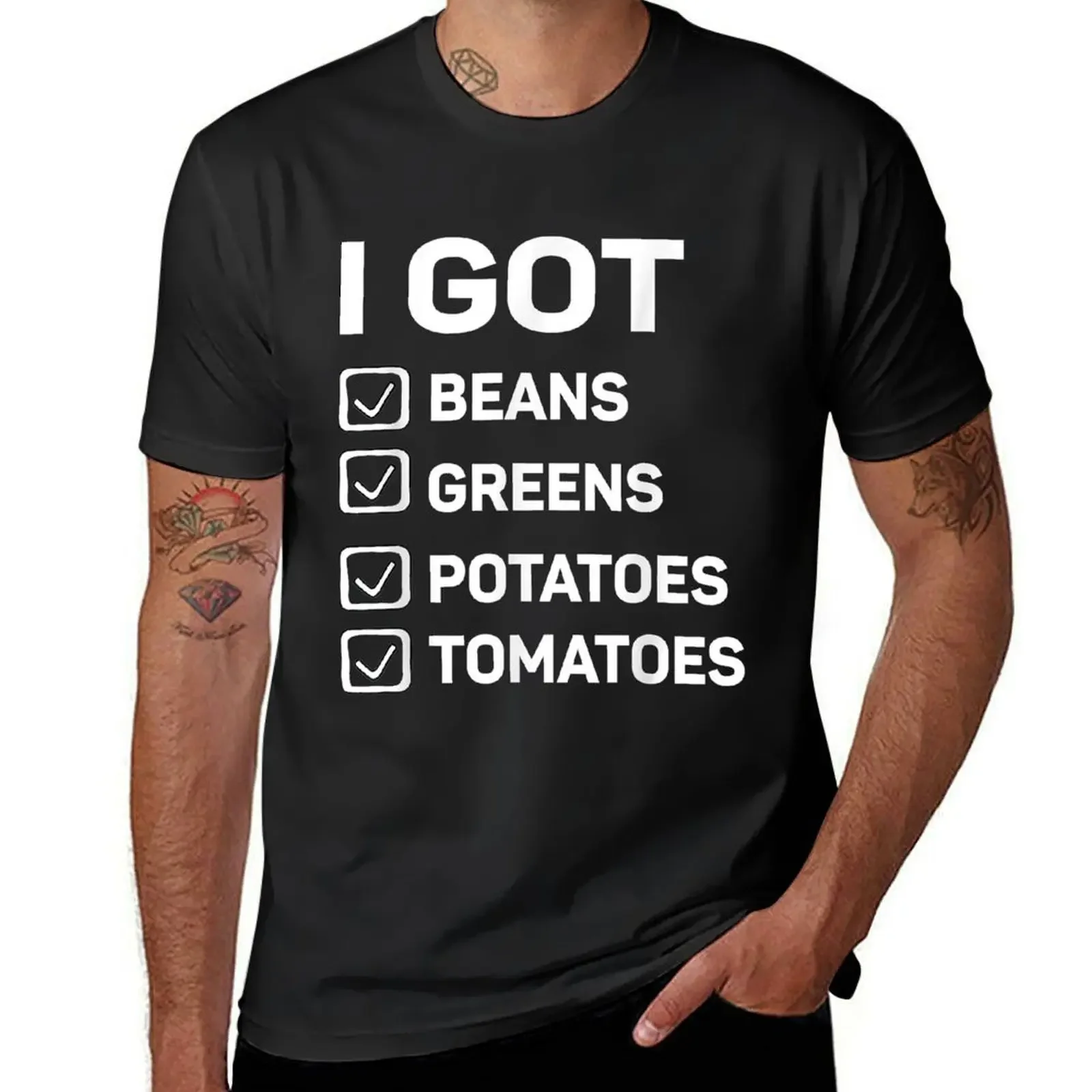 

I Got Beans Greens Potatoes Omatoes Funny Hanksgiving Day T-Shirt Short sleeve tee blacks plus size clothes men clothing