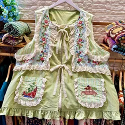 Women Rococo Cotton Patchwork Embroidery Ruffled Lace Vest 2024 Vintage Victorian Retro Shabby Chic Cottage Core Mori Girl Vest