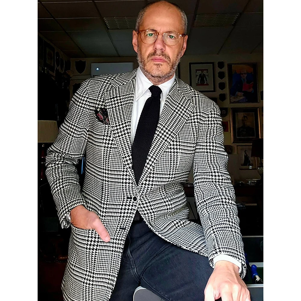 

Мужской пиджак в клетку «глен», элегантный, однобортный, с лацканами, классический, стандартной длины, Kacley, 1 предмет, модный комплект