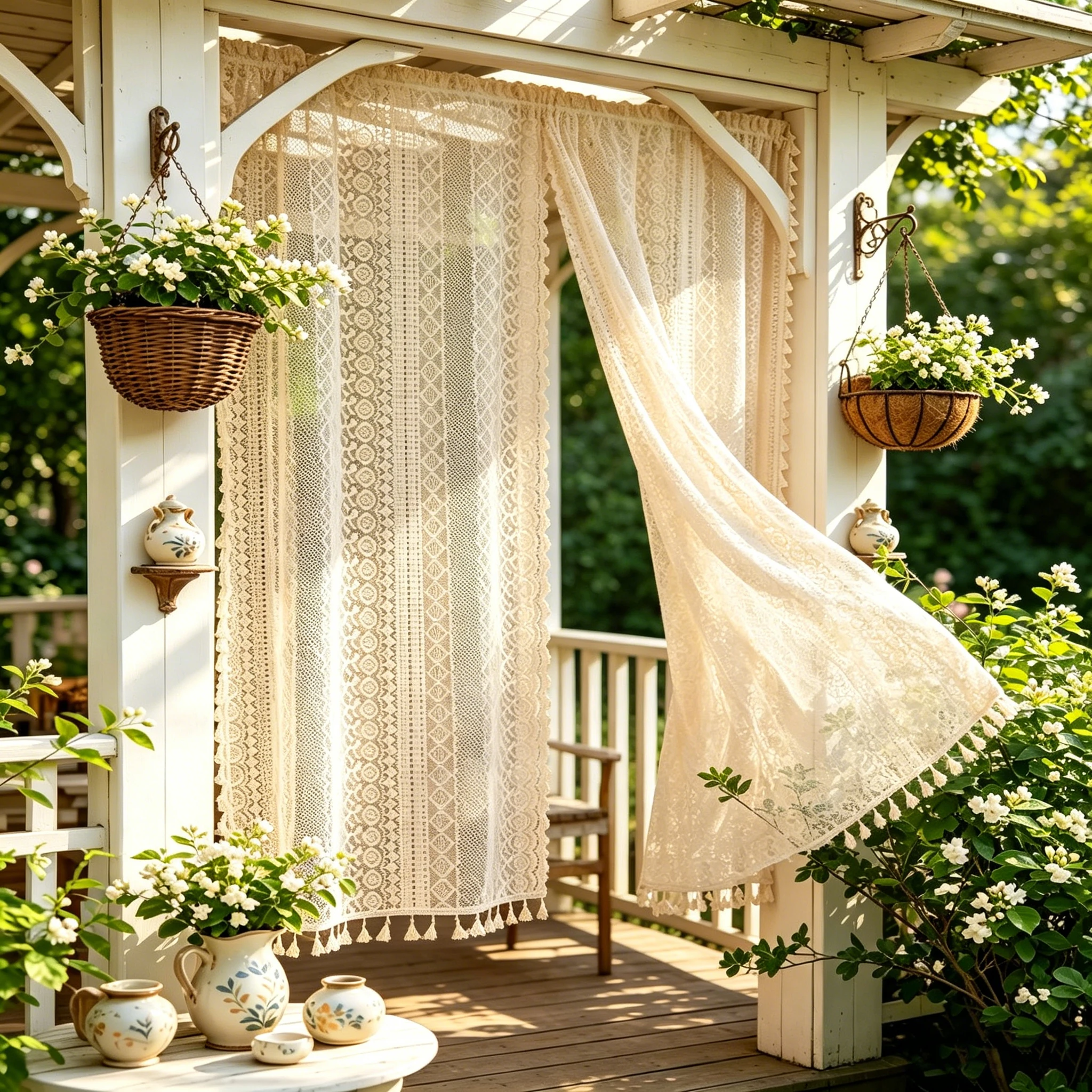 2 Pieces/Set Boho Geometric Hollow Lace Sheer Curtains with Tassel Vintage Patio Door Curtain for Farmhouse Sunroom Kitchen Cafe