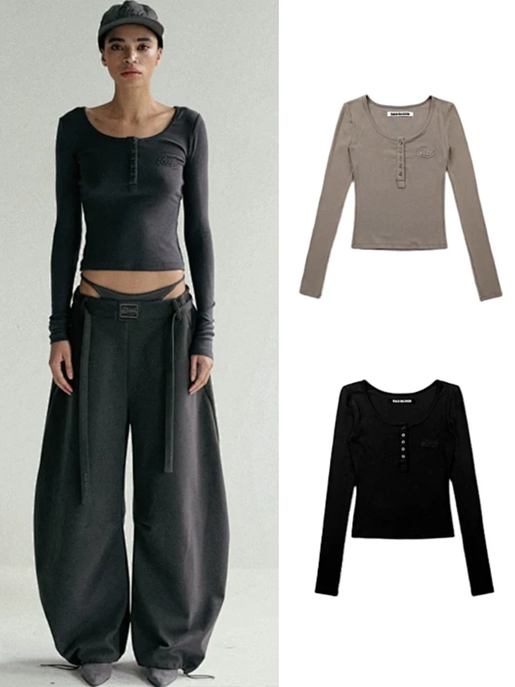 

Сексуальная футболка American Sle Long Sve Slim Fit Base irt с большим воротником для поездок на работу Sle Pure Color ort Length round Ne Top